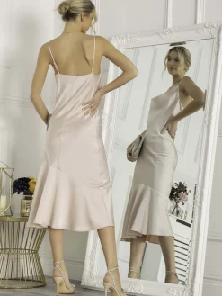 Jolie Moi Occasion Dresses|Sleeveless Dresses-Alaysha Cowl Neck Satin Dress, Dusty Pink