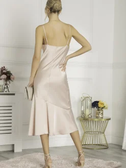 Jolie Moi Occasion Dresses|Sleeveless Dresses-Alaysha Cowl Neck Satin Dress, Dusty Pink