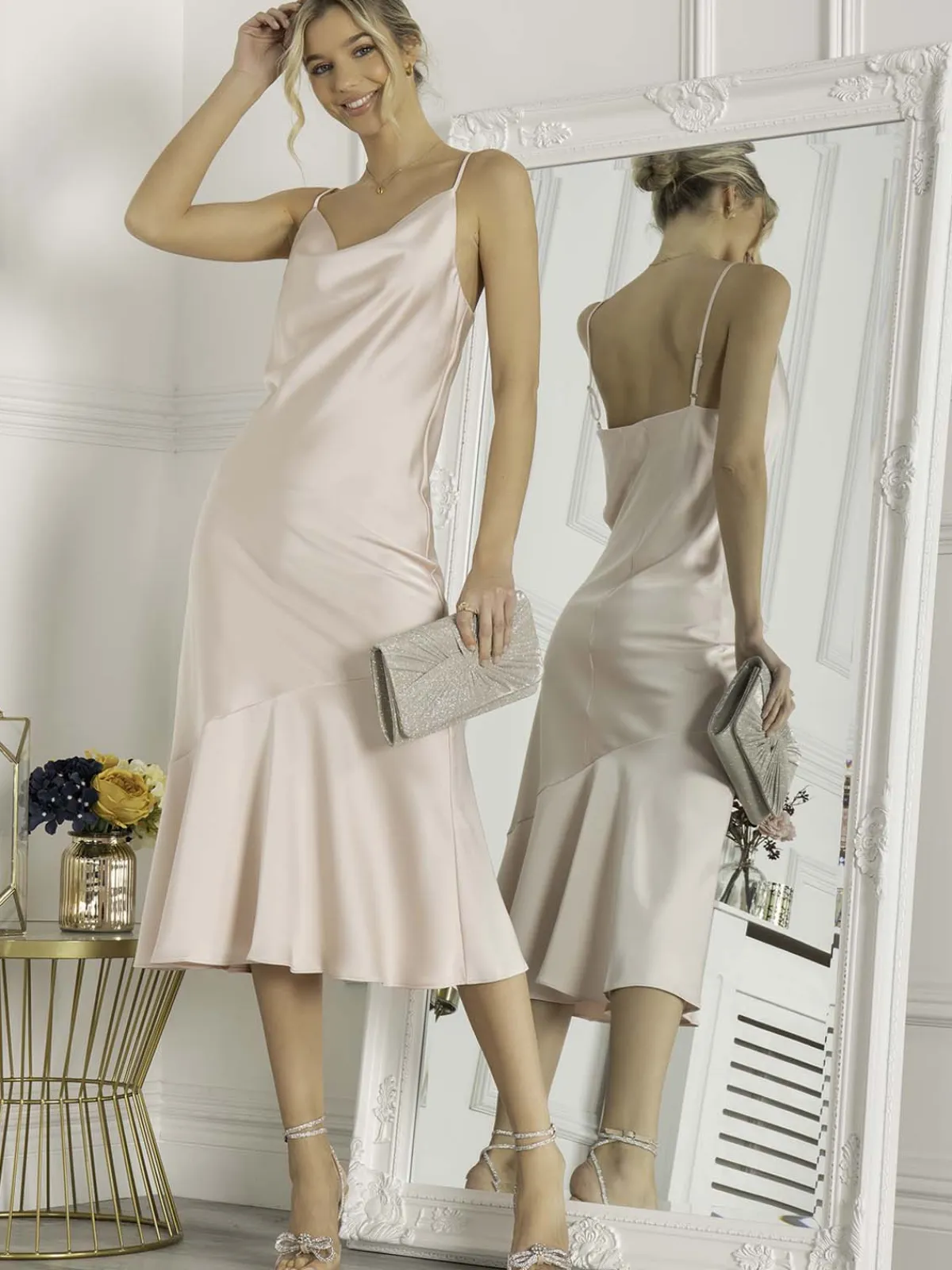 Jolie Moi Occasion Dresses|Sleeveless Dresses-Alaysha Cowl Neck Satin Dress, Dusty Pink
