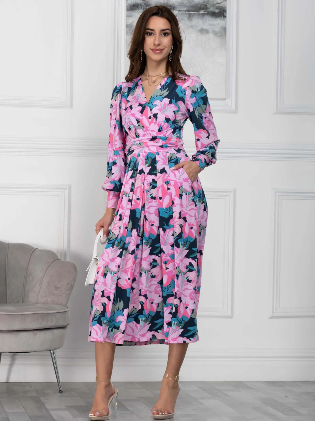 Jolie Moi Occasion Dresses|Floral Dresses-Allyn Long Sleeved Maxi Dress, Floral Multi