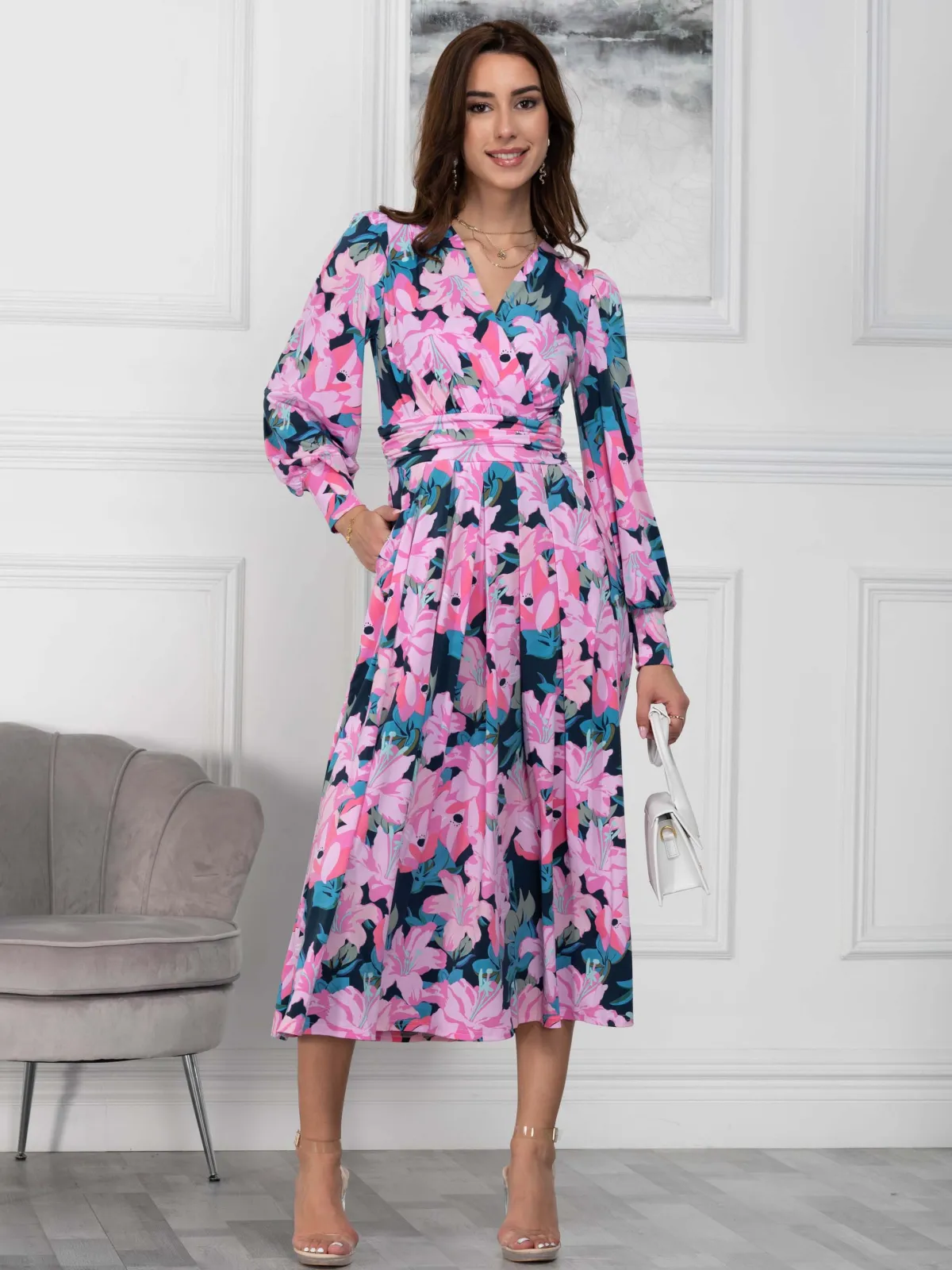 Jolie Moi Occasion Dresses|Floral Dresses-Allyn Long Sleeved Maxi Dress, Floral Multi