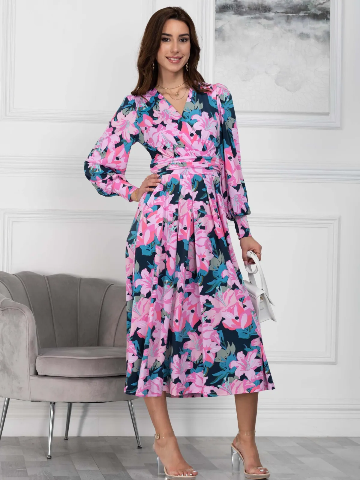Jolie Moi Occasion Dresses|Floral Dresses-Allyn Long Sleeved Maxi Dress, Floral Multi