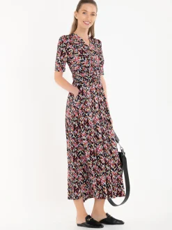 Jolie Moi Occasion Dresses|Jersey Dresses-Amaka Wrap Print Midi Dress, Black Multi