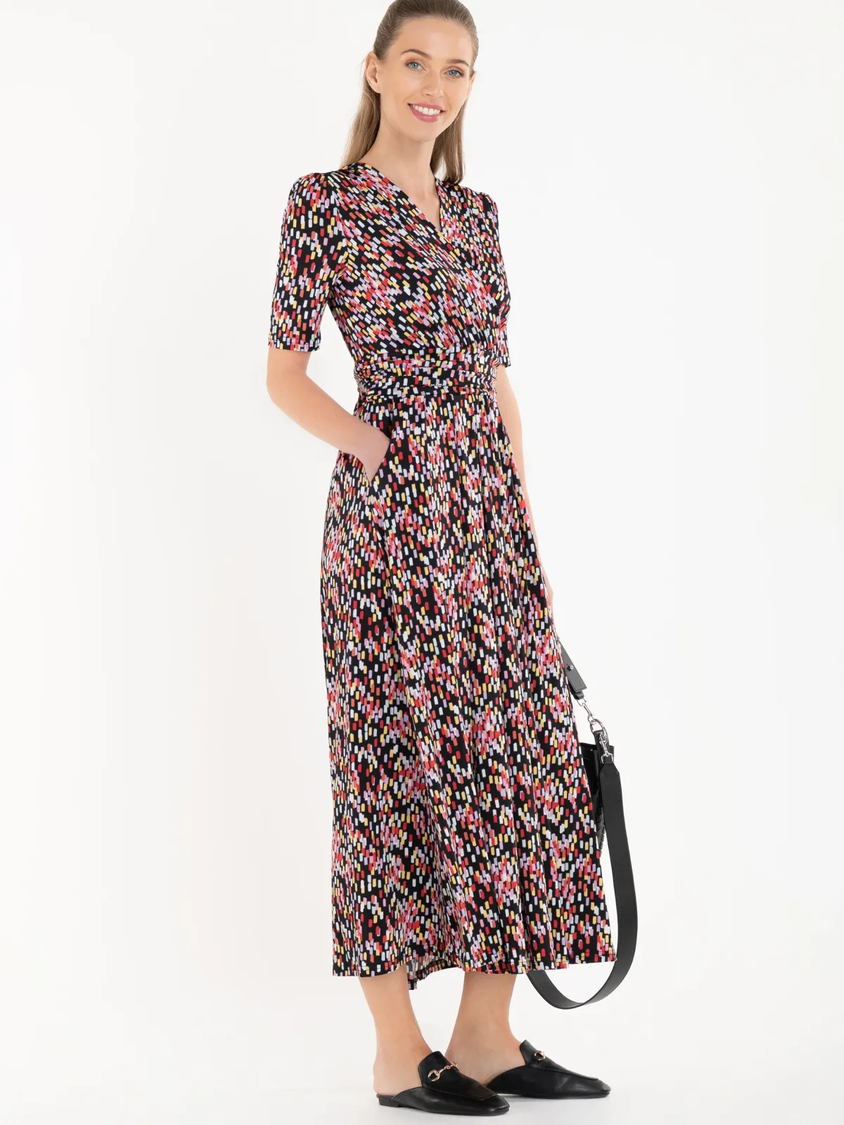 Jolie Moi Occasion Dresses|Jersey Dresses-Amaka Wrap Print Midi Dress, Black Multi