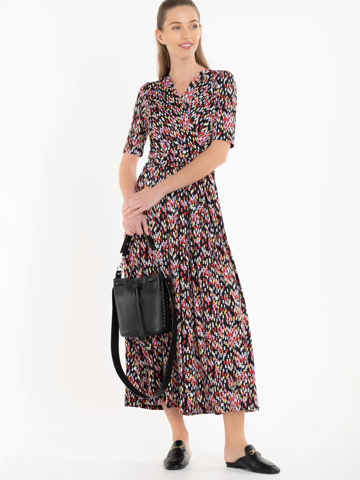 Jolie Moi Occasion Dresses|Jersey Dresses-Amaka Wrap Print Midi Dress, Black Multi