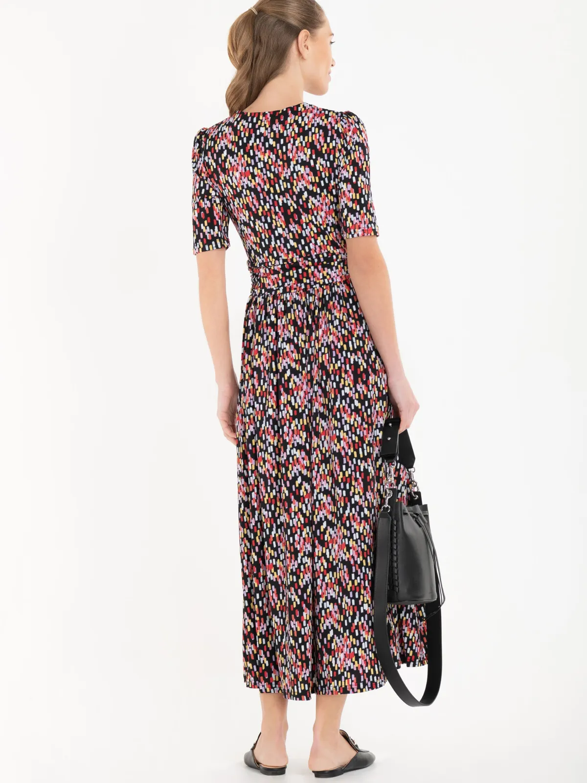 Jolie Moi Occasion Dresses|Jersey Dresses-Amaka Wrap Print Midi Dress, Black Multi