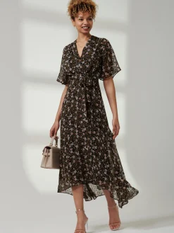 Jolie Moi Occasion Dresses|Maxi Dresses-Angel Sleeve Wrap Tie Front Maxi Dress, Black Floral