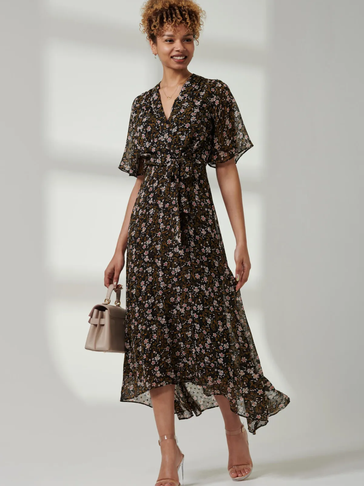Jolie Moi Occasion Dresses|Maxi Dresses-Angel Sleeve Wrap Tie Front Maxi Dress, Black Floral