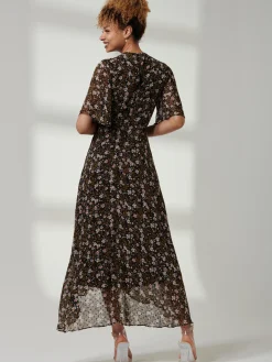 Jolie Moi Occasion Dresses|Maxi Dresses-Angel Sleeve Wrap Tie Front Maxi Dress, Black Floral