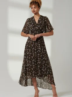 Jolie Moi Occasion Dresses|Maxi Dresses-Angel Sleeve Wrap Tie Front Maxi Dress, Black Floral