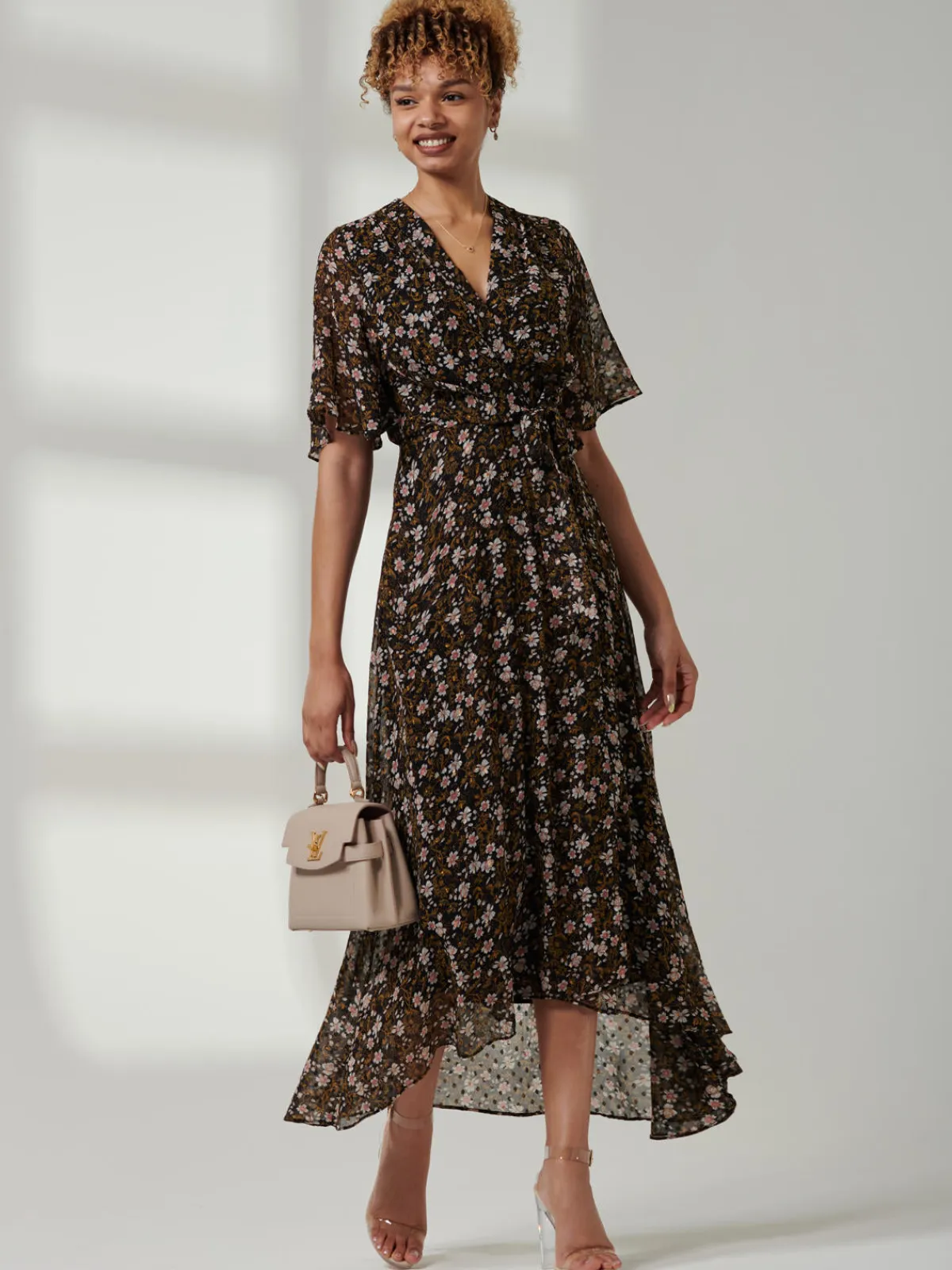 Jolie Moi Occasion Dresses|Maxi Dresses-Angel Sleeve Wrap Tie Front Maxi Dress, Black Floral