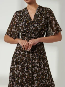Jolie Moi Occasion Dresses|Maxi Dresses-Angel Sleeve Wrap Tie Front Maxi Dress, Black Floral
