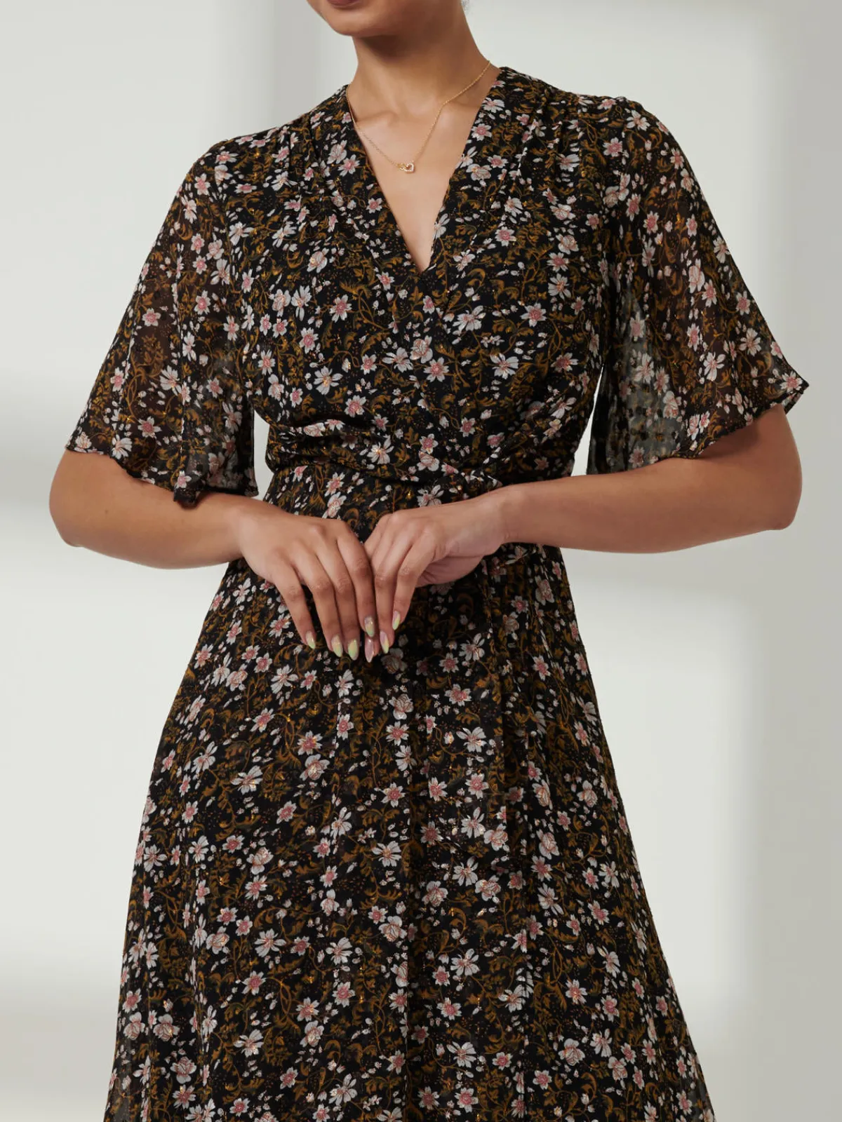 Jolie Moi Occasion Dresses|Maxi Dresses-Angel Sleeve Wrap Tie Front Maxi Dress, Black Floral