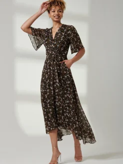 Jolie Moi Occasion Dresses|Maxi Dresses-Angel Sleeve Wrap Tie Front Maxi Dress, Black Floral