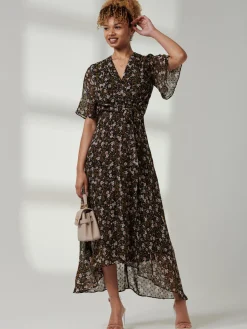 Jolie Moi Occasion Dresses|Maxi Dresses-Angel Sleeve Wrap Tie Front Maxi Dress, Black Floral