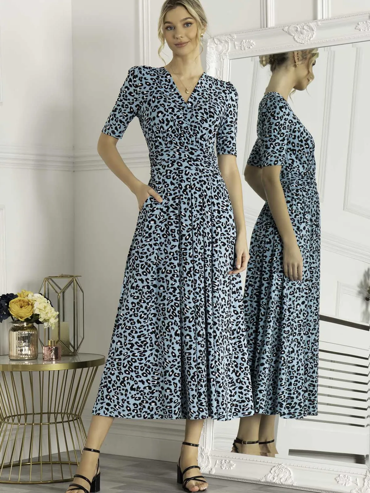 Jolie Moi Occasion Dresses|Jersey Dresses-Animal Print Wrap Neck Maxi Dress, Blue