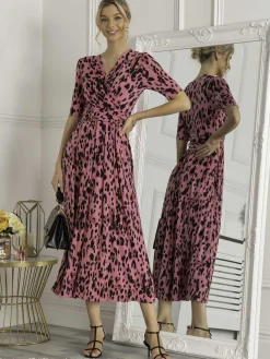 Jolie Moi Occasion Dresses|Jersey Dresses-Animal Print Wrap Neck Maxi Dress, Pink Animal