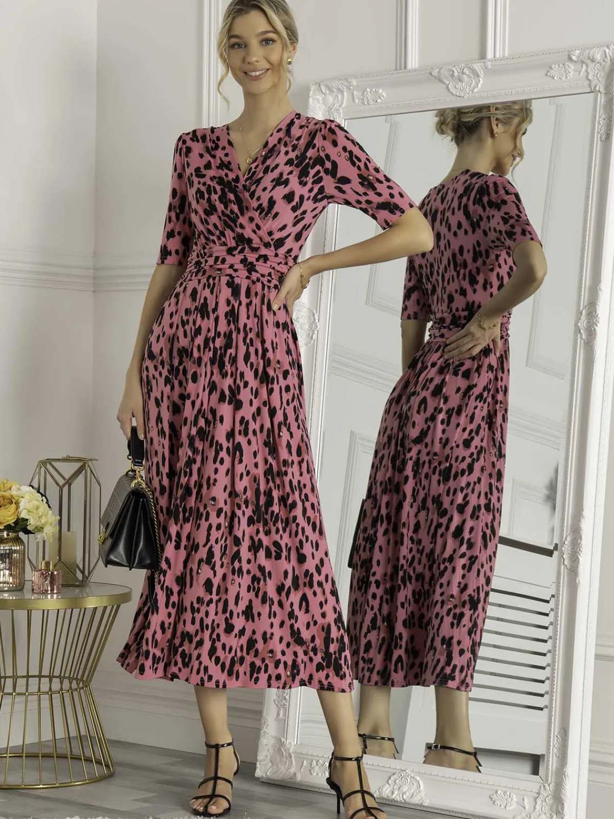 Jolie Moi Occasion Dresses|Jersey Dresses-Animal Print Wrap Neck Maxi Dress, Pink Animal