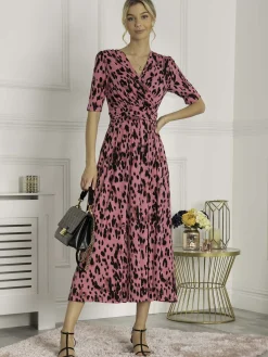 Jolie Moi Occasion Dresses|Jersey Dresses-Animal Print Wrap Neck Maxi Dress, Pink Animal
