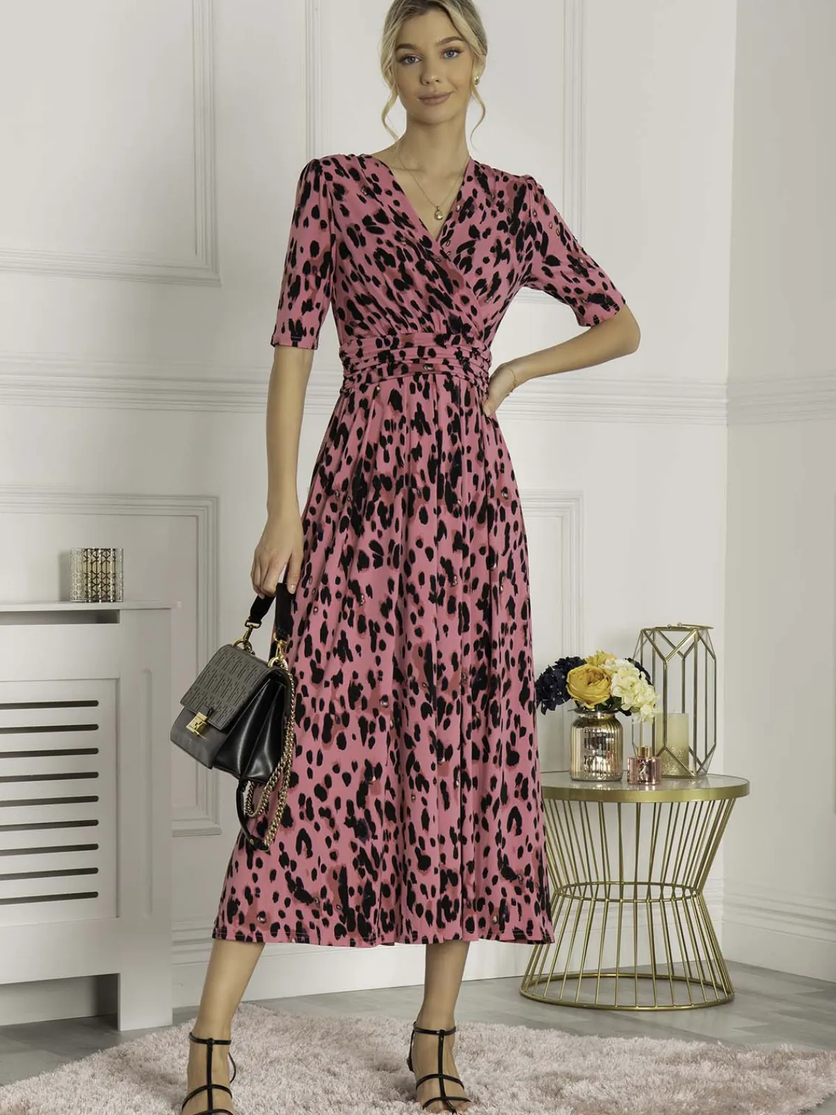 Jolie Moi Occasion Dresses|Jersey Dresses-Animal Print Wrap Neck Maxi Dress, Pink Animal