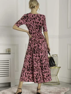 Jolie Moi Occasion Dresses|Jersey Dresses-Animal Print Wrap Neck Maxi Dress, Pink Animal