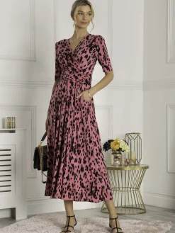 Jolie Moi Occasion Dresses|Jersey Dresses-Animal Print Wrap Neck Maxi Dress, Pink Animal