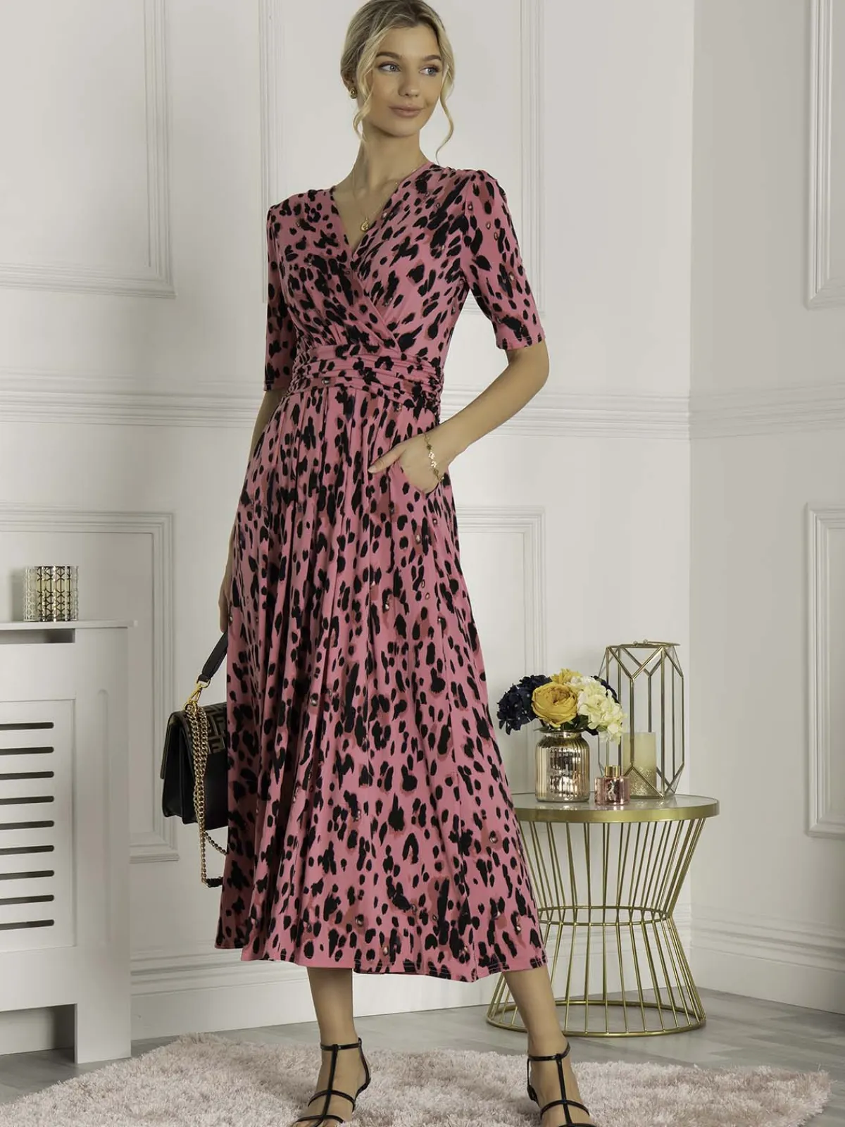 Jolie Moi Occasion Dresses|Jersey Dresses-Animal Print Wrap Neck Maxi Dress, Pink Animal