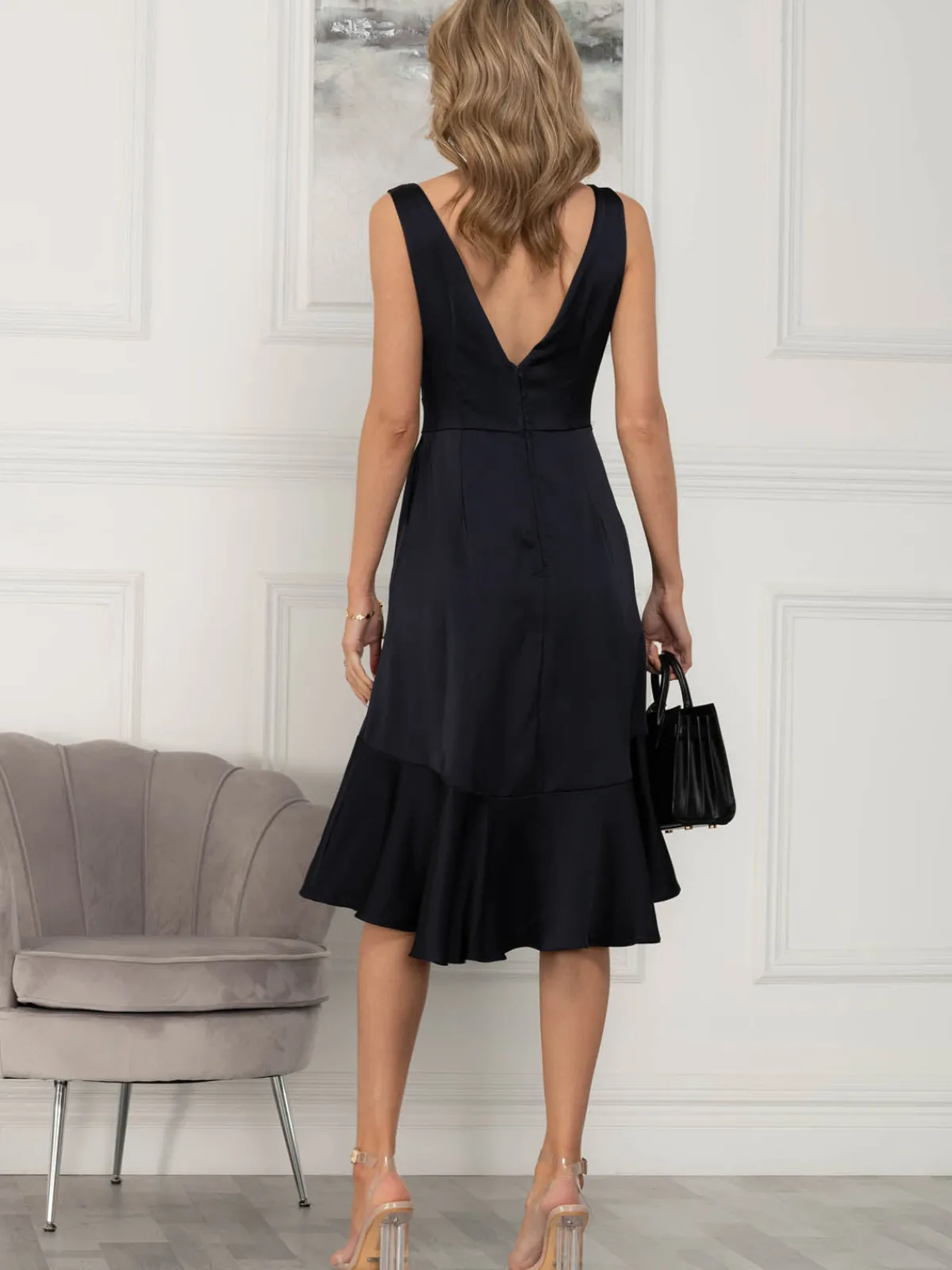 Jolie Moi Occasion Dresses|Sleeveless Dresses-Annabeth V Neck Flare Dress, Navy