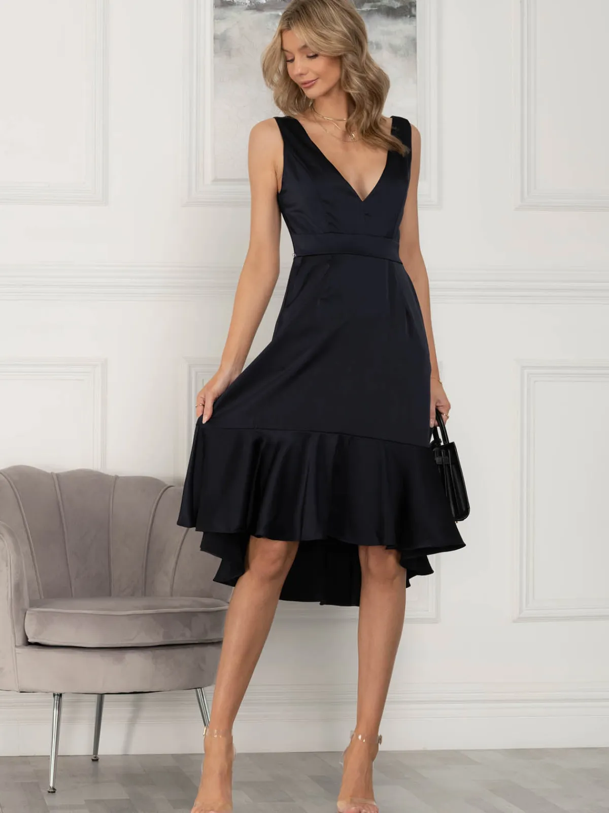 Jolie Moi Occasion Dresses|Sleeveless Dresses-Annabeth V Neck Flare Dress, Navy