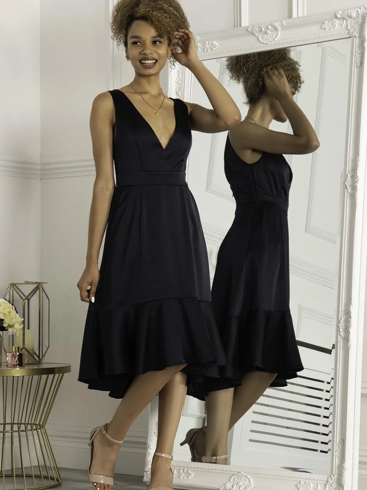 Jolie Moi Occasion Dresses|Sleeveless Dresses-Annabeth V Neck Flare Dress, Navy
