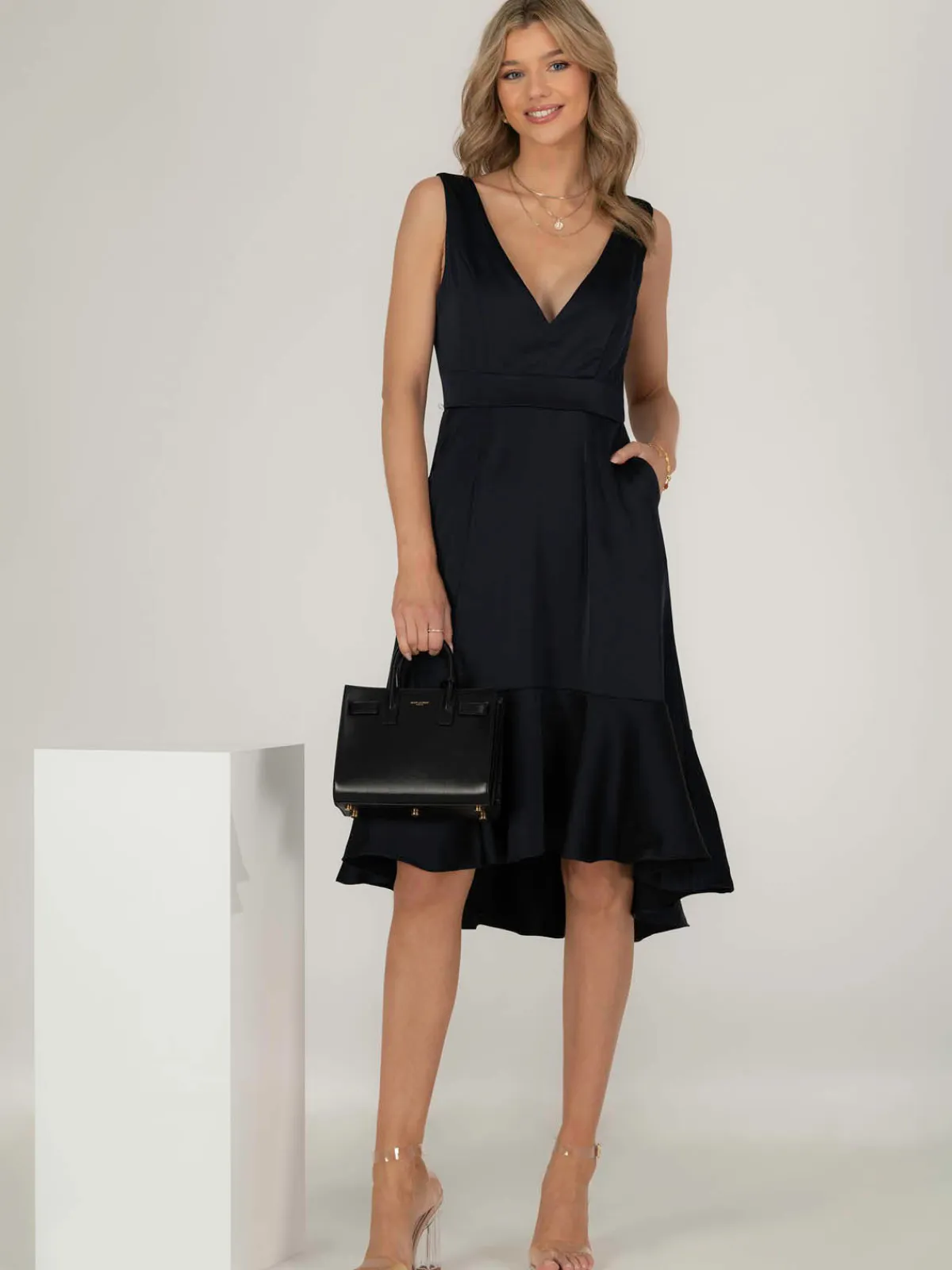 Jolie Moi Occasion Dresses|Sleeveless Dresses-Annabeth V Neck Flare Dress, Navy