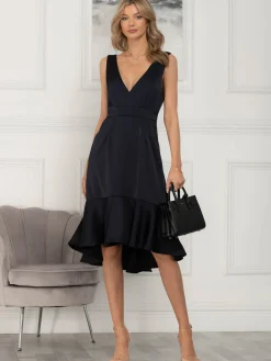Jolie Moi Occasion Dresses|Sleeveless Dresses-Annabeth V Neck Flare Dress, Navy