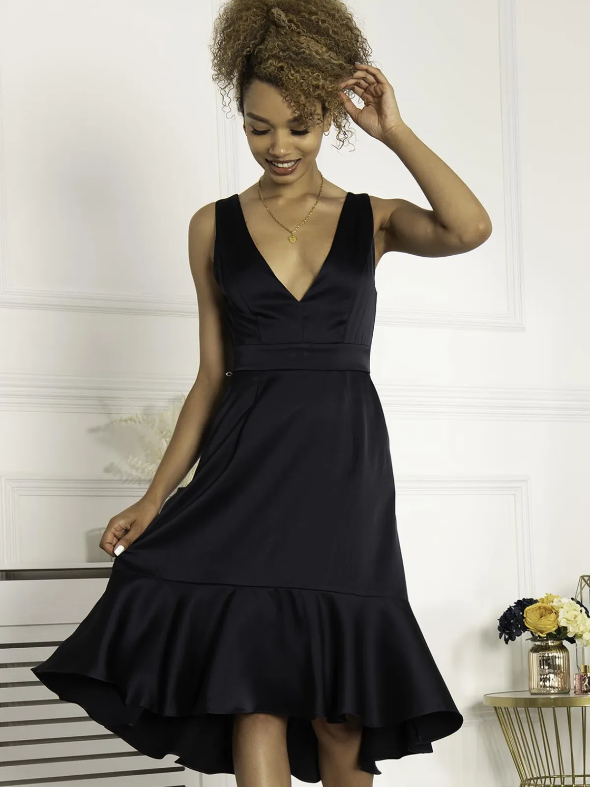 Jolie Moi Occasion Dresses|Sleeveless Dresses-Annabeth V Neck Flare Dress, Navy