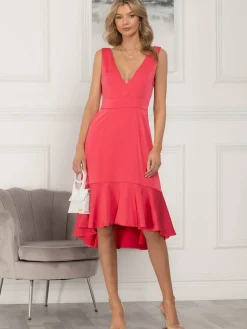 Jolie Moi Occasion Dresses|Sleeveless Dresses-Annabeth V Neck Flare Dress, Pink