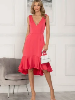 Jolie Moi Occasion Dresses|Sleeveless Dresses-Annabeth V Neck Flare Dress, Pink