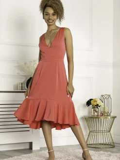 Jolie Moi Occasion Dresses|Sleeveless Dresses-Annabeth V Neck Flare Dress, Pink