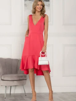 Jolie Moi Occasion Dresses|Sleeveless Dresses-Annabeth V Neck Flare Dress, Pink