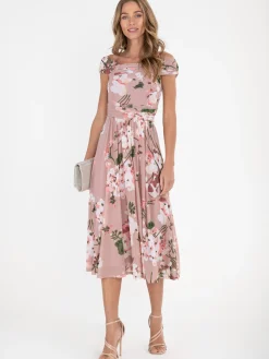 Jolie Moi Occasion Dresses|Floral Dresses-Bardot Floral Mesh Midi Dress, Pink Floral