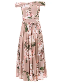 Jolie Moi Occasion Dresses|Floral Dresses-Bardot Floral Mesh Midi Dress, Pink Floral