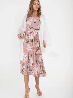 Jolie Moi Occasion Dresses|Floral Dresses-Bardot Floral Mesh Midi Dress, Pink Floral