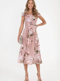 Jolie Moi Occasion Dresses|Floral Dresses-Bardot Floral Mesh Midi Dress, Pink Floral