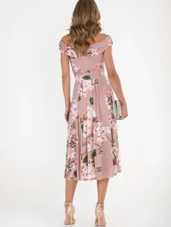 Jolie Moi Occasion Dresses|Floral Dresses-Bardot Floral Mesh Midi Dress, Pink Floral