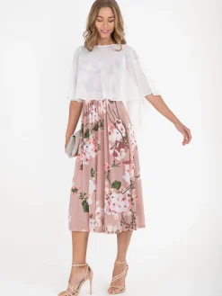 Jolie Moi Occasion Dresses|Floral Dresses-Bardot Floral Mesh Midi Dress, Pink Floral