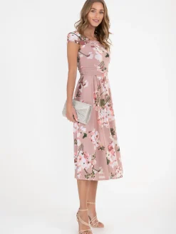 Jolie Moi Occasion Dresses|Floral Dresses-Bardot Floral Mesh Midi Dress, Pink Floral