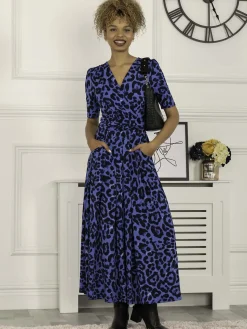 Jolie Moi Occasion Dresses|Jersey Dresses-Beatrice Jersey Maxi Dress, Blue Animal