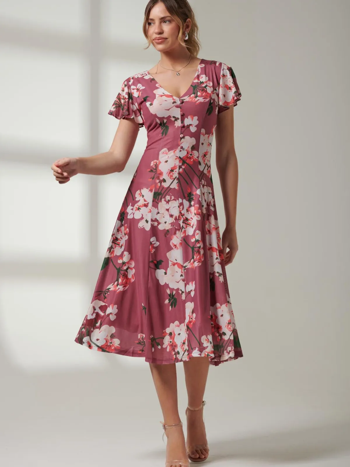 Jolie Moi Occasion Dresses|Floral Dresses-Bellona Fit & Flare Mesh Dress, Dark Mauve