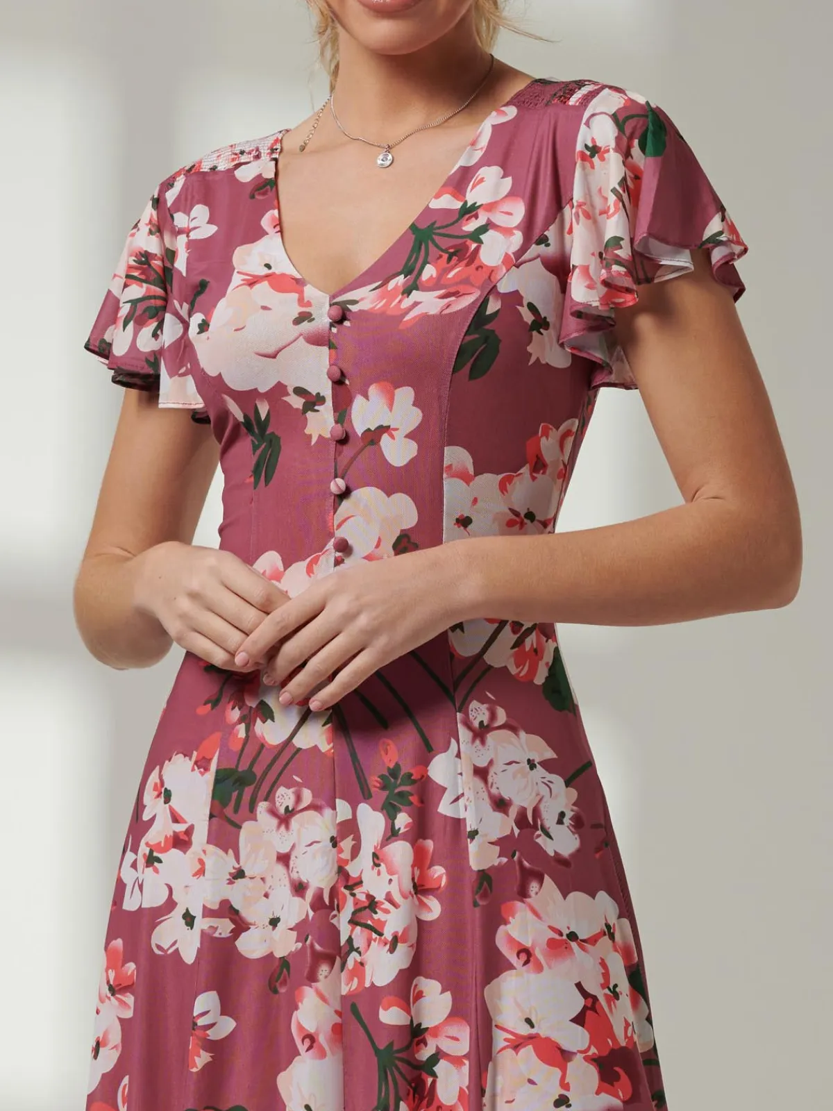 Jolie Moi Occasion Dresses|Floral Dresses-Bellona Fit & Flare Mesh Dress, Dark Mauve