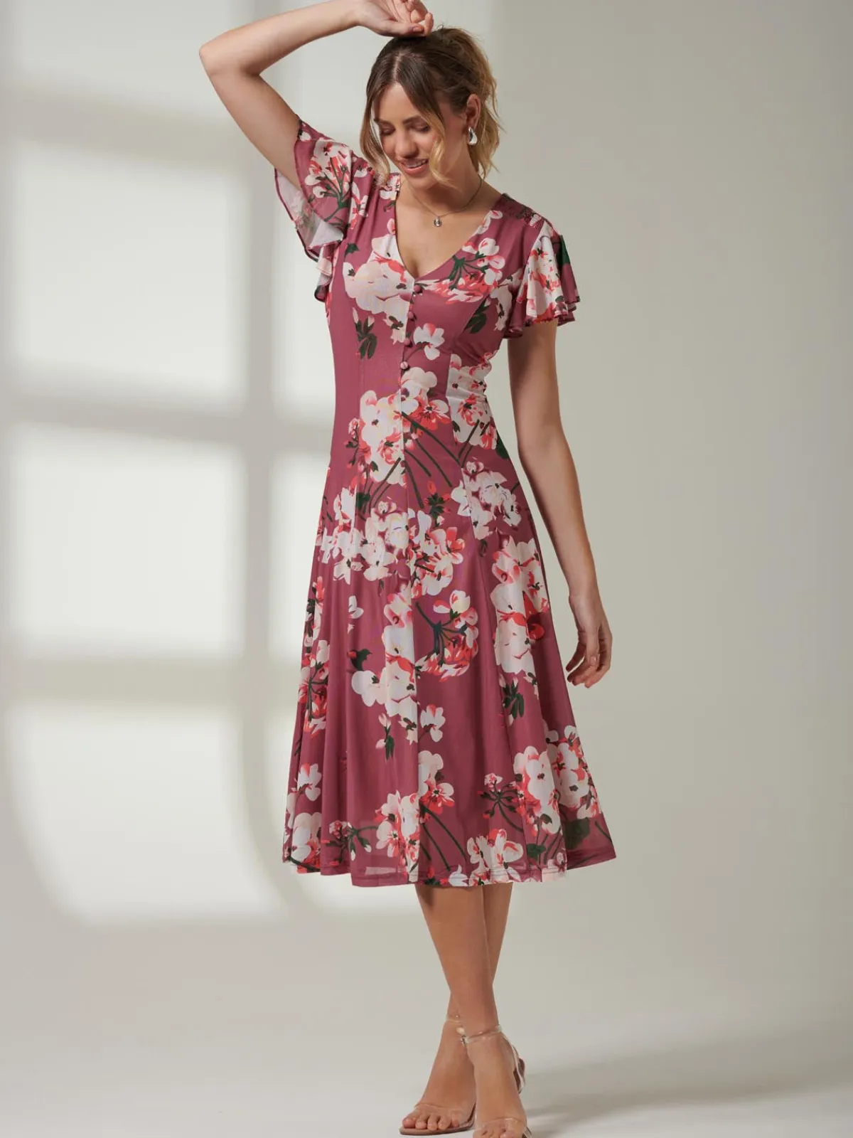 Jolie Moi Occasion Dresses|Floral Dresses-Bellona Fit & Flare Mesh Dress, Dark Mauve