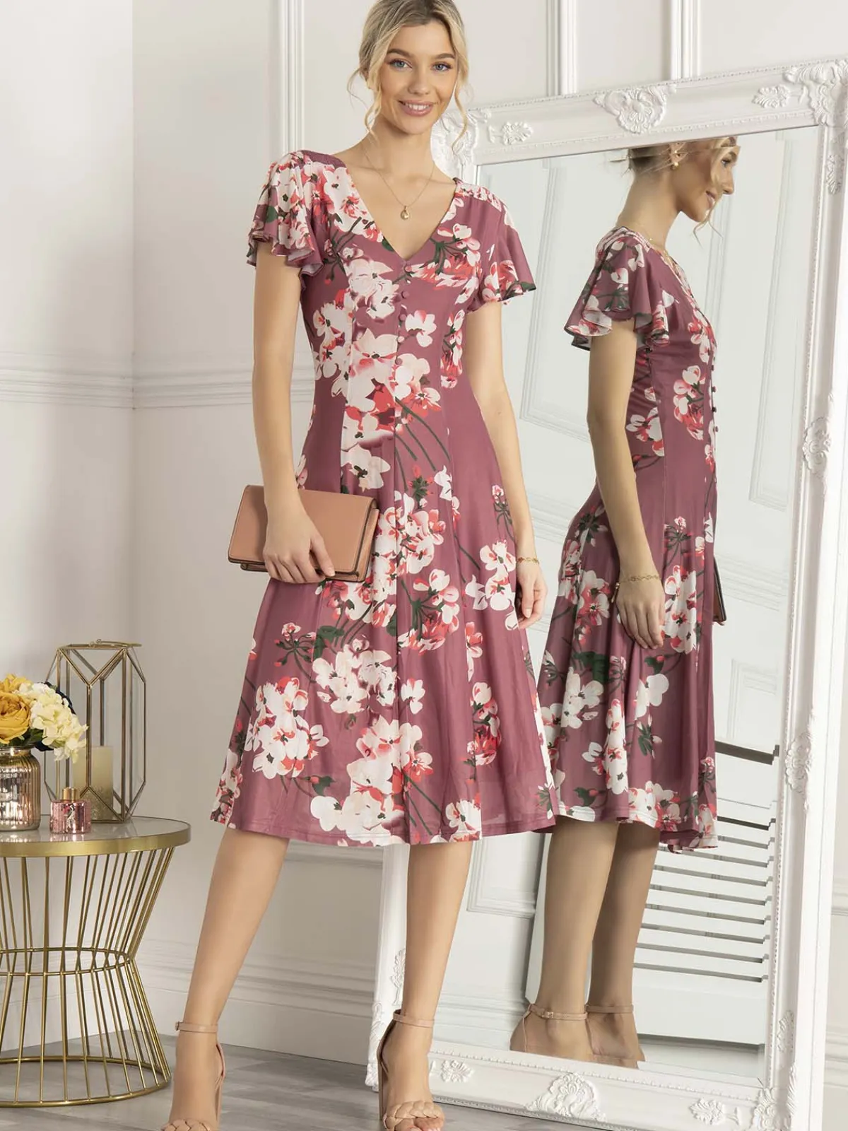 Jolie Moi Occasion Dresses|Floral Dresses-Bellona Fit & Flare Mesh Dress, Dark Mauve
