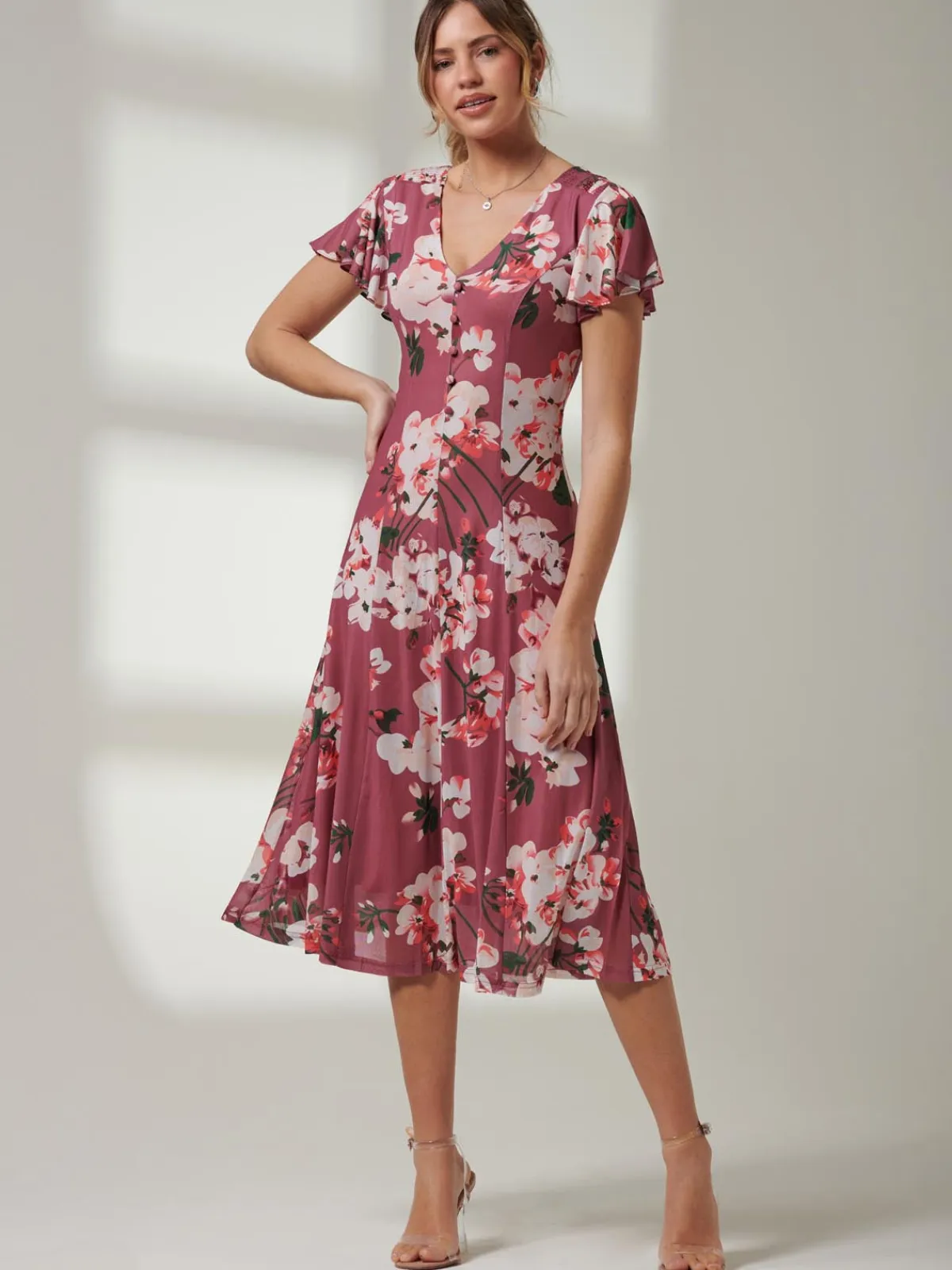 Jolie Moi Occasion Dresses|Floral Dresses-Bellona Fit & Flare Mesh Dress, Dark Mauve
